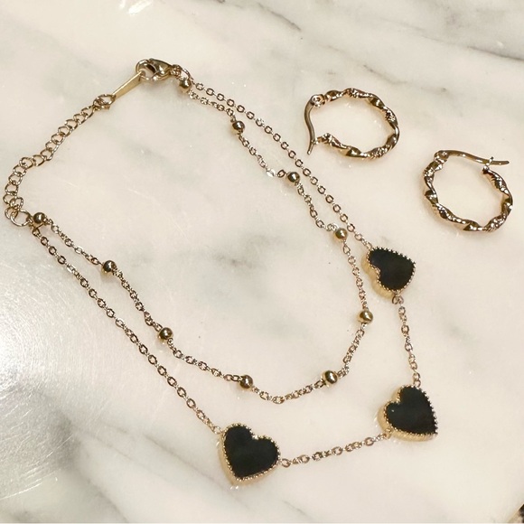 NEW Gold Tone Black Enamel Heart Double Layer Bracelet and Hoop Earring Set - Picture 5 of 6
